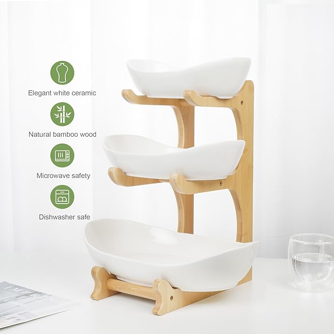 Seven Sparta 3 Tier Fruit Bowl for Kitchen Counter (PLUS Series) / Ceramic Serving Bowls with Bamboo Stand/Big Size Tiered Fruit Basket for Fruit Vegetable Storage, Dessert, Salad Buffet Server