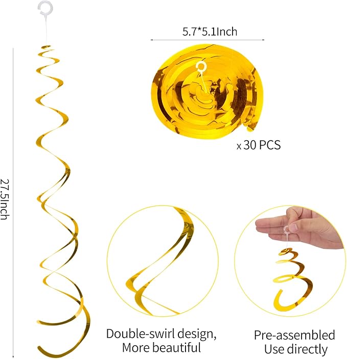 30 Pieces Gold Hanging Swirl Decorations Plastic Streamer Party Swirl Spiral Decorations for Ceiling, Wedding Baby Shower Birthday Party Supply