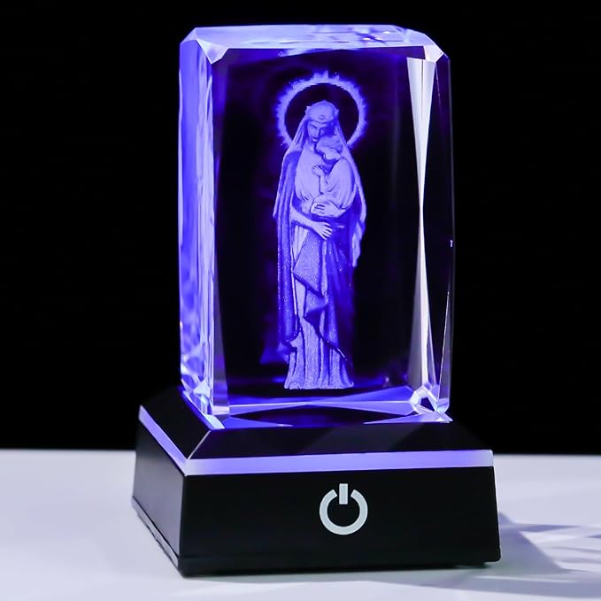 Movdyka Virgin Mary Statue Night Light - 3D Laser Engraved Madonna and Child Crystal Cube with Color-Changing LED Base | Catholic Gifts for Women & Men