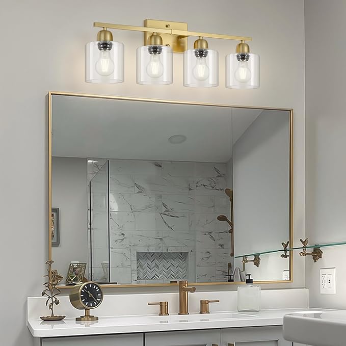 4 Light Gold Light Fixture Bathroom, Brushed Gold Vanity Light with Clear Glass, Lights for Bathroom Mirror for Mirror Living Room Bedroom Hallway E26 Base