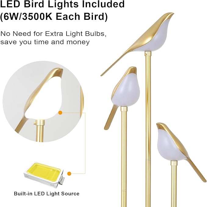 Gold Floor Lamps for Living Room, Modern Floor Lamp with Shelves, Mid Century Standing Lamp with 3 Adjustable LED Bird Lights, Corner Tall Lamp with Table, Brass Stand up Lamp for Bedroom Kids Room