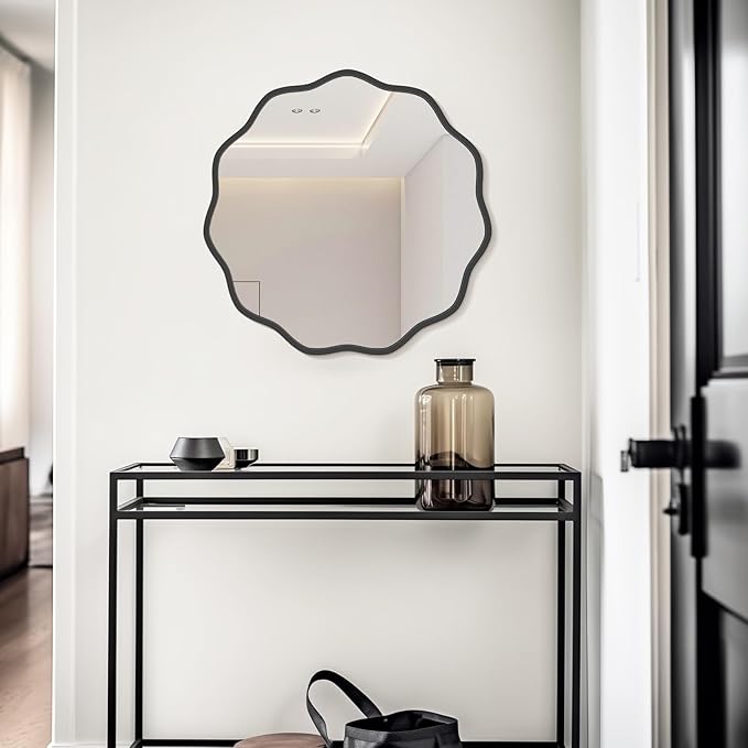 WallBeyond Round Wavy Mirror for Wall Decorative 24 inch, Modern Round Mirror Aluminum Frame for Bathroom Bedroom Living Room Home House Office Entryway, Black