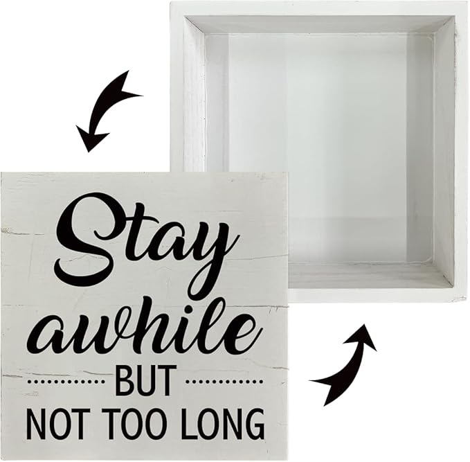 Funny Wood Sign, Funny Welcome Decor, Stay Awhile But Not Too Long Sign, Box Sign Tabletop Decor, Farmhouse Decor for Shelf, Front Door Decor, Porch Foyer Decor, Country Style Home Decor