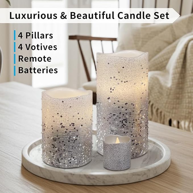 FURORA LIGHTING Silver Glitter LED Candles with Remote and Timer, 4 Pillars and 4 Votives Pack of 8, Real Wax Flameless Flickering Candles for Home Décor, Battery Included