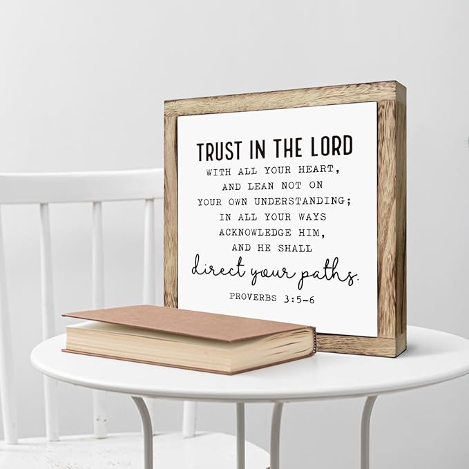 Christian Wooden Plaques Box Signs 9.8 * 9.8, Scripture Desk Decor, Farmhouse Living Room Decor, Proverbs 3:5-6 Trust In the Lord Sign
