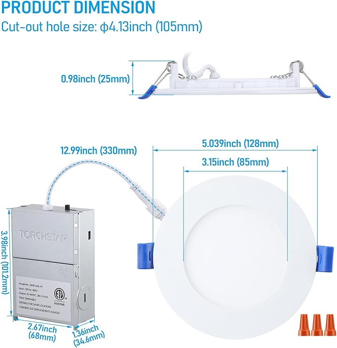 TORCHSTAR 12-Pack 5CCT 4 Inch Ultra-Thin LED Recessed Lighting with Junction Box, CRI90, Aluminum, 2700K3000K3500K4000K5000K, 5%-100% Dimmable Slim Recessed Downlight, 9W 810LM, ETL & ES