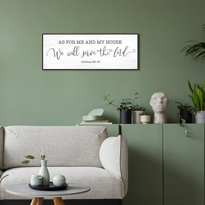 As for Me and My House We Will Serve the Lord Wall Decor: 32x12 Inch Framed Christian Bible Verse Sign Canvas Print Joshua 24:15 Scripture Art for Family Living Room Dining Room