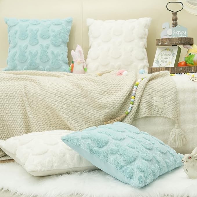 GEEORY Easter Bunny Soft Plush Pillow Covers, 20 x 20 Inch Set of 2, Fluffy Faux Fur Wool Decorative Farmhouse Cushion Case for Sofa Home Decoration Blue GC014-20