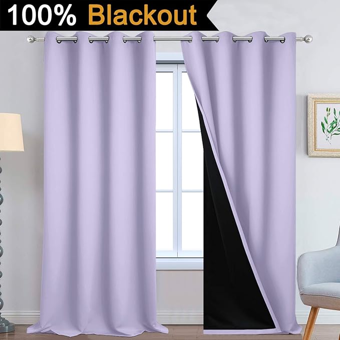 Yakamok 100% Blackout Curtains Energy Saving Thermal Insulated 2 Thick Layers Completely Blackout Drapes with Black Liner for Bedroom (52Wx108L,Lilac, Set of 2)
