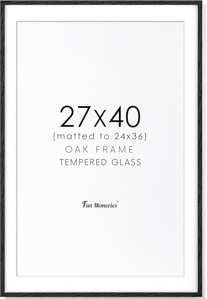 27x40 Black Wood Picture Frame, 27 x 40 Poster Frame for Wall - Solid Oak Wood & Tempered Glass, Rustic Wood 27 by 40 Frames, 27x40 Picture Frame Matted to 24x36, Large Art Frames 27 x 40, 1 Pack
