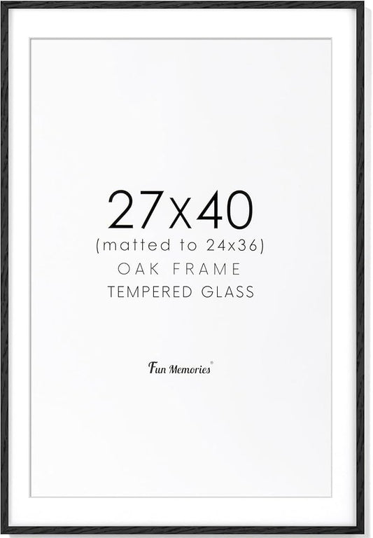 27x40 Black Wood Picture Frame, 27 x 40 Poster Frame for Wall - Solid Oak Wood & Tempered Glass, Rustic Wood 27 by 40 Frames, 27x40 Picture Frame Matted to 24x36, Large Art Frames 27 x 40, 1 Pack