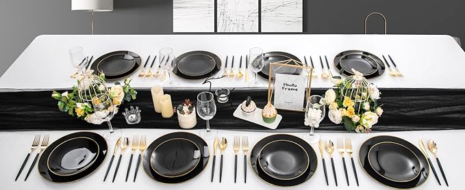 Nervure 100 Pieces Black Plastic Plates - 7.5inch Black Dessert Plates - Disposable Gold Plastic Plate - Disposable Plate Ideal for Wedding & Party & Halloween