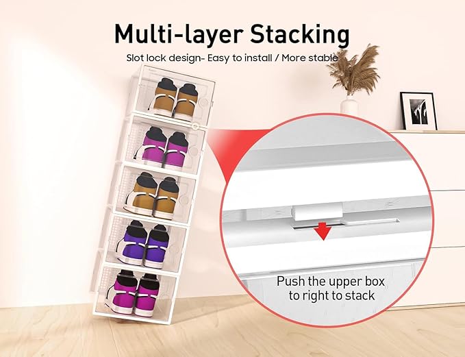 Kuject XX-Large Shoe Storage Boxes Organizers Clear Plastic Stackable 12 Pack, Shoe Rack & Holder Substitute, Sneaker Containers, Toy Storage Organizer Bins for Entryway, Closet, Under Bed, White