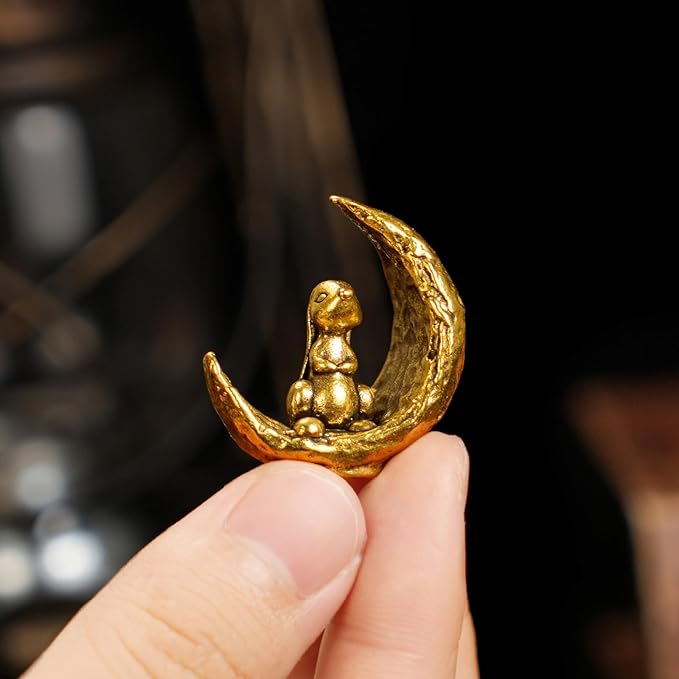 CHOVY Retro Handcrafted Moon Rabbit Sculpture - 100% Solid Brass Adorable Rabbit Sitting on Crescent Moon | Vintage Style Collectible Art Piece for Home & Office | Unique Gift for Lunar Lovers