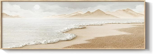 Framed Boho Coastal Beach Wall Art for Living Room, Large Neutral Ocean Canvas Artworks for Walls, Long Horizontal Abstract Minimalist Coastal Art Print for Bedroom Kitchen Office Wall Decor, 16x48 In