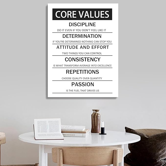 Motivational Poster Core Values Inspirational Canvas Wall Art Black and White Painting Artwork for Living Room Office Modern Home Decor Prints Pictures Wall Decor Framed Ready to Hang [18''W x 24''H]