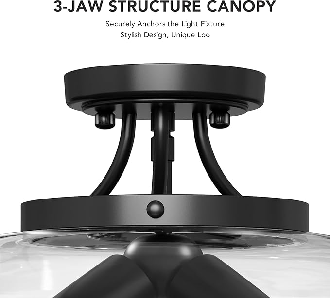VONLUCE Semi Flush Mount Ceiling Light, 13.8" Ceiling Light Fixture with Clear Glass Shade, E26 Base, 3-Bulb Industrial Lighting Fixture for Dining Room Hallway Entryway Bedroom, Matte Black
