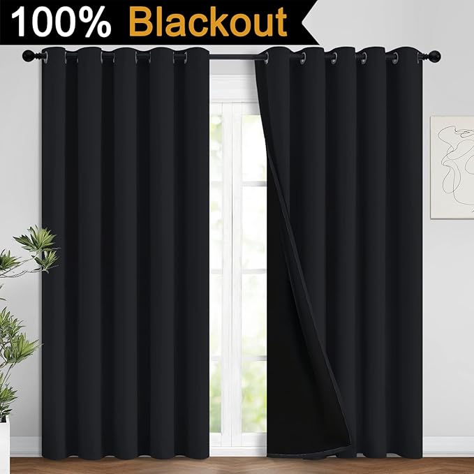 Yakamok 100% Blackout Lined Panels, Thermal Insulated Blackout Curtains for Bedroom, Heat Blocking Drapes for Living Room(62Wx84L, Black, 2 Panels)