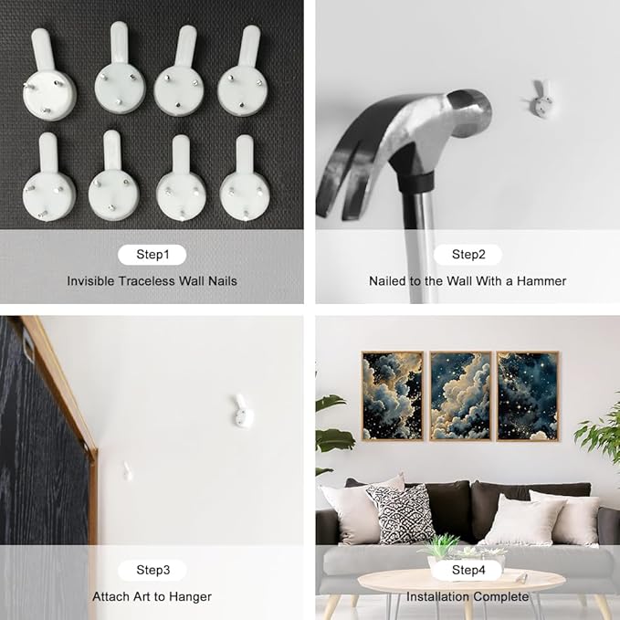 HPINUB Misty Starry Sky Framed Canvas Wall Art Set, Rustic Nature White Clouds&Stars Wall Decor, Mystical Starry Night Landscape Art Print Dreamy Painting for Living Room, Bedroom, Office - 16 x 24 x3