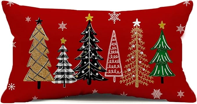 Christmas Pillow Cover 12X20 Inch Red Green Christmas Tree Stars Decoration Holiday Farmhouse Winter Pillow Case for Sofa Couch Decor