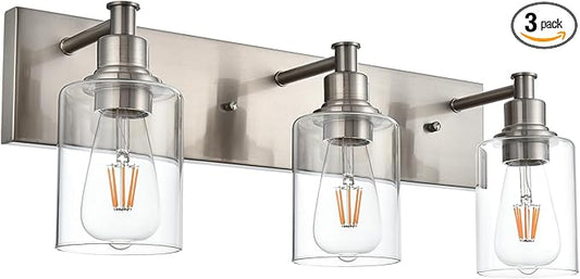 3-Lights Brushed Nickel Wall Sconce, Modern Bathroom Vanity Lights with Clear Glass Shades for Living Room Hallway Dress Table