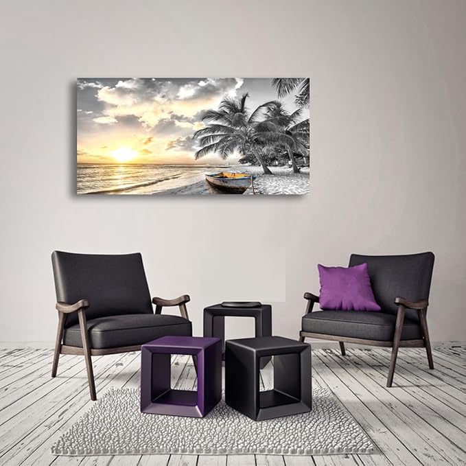 Black and White Beach Pictures Canvas Wall Art for Living room Bedroom Wall Decor,Seascape Wall Art Print Paitnings for home Decor,Morden Artwork Sunset Canvas Art Waterproof Stretched Ready to