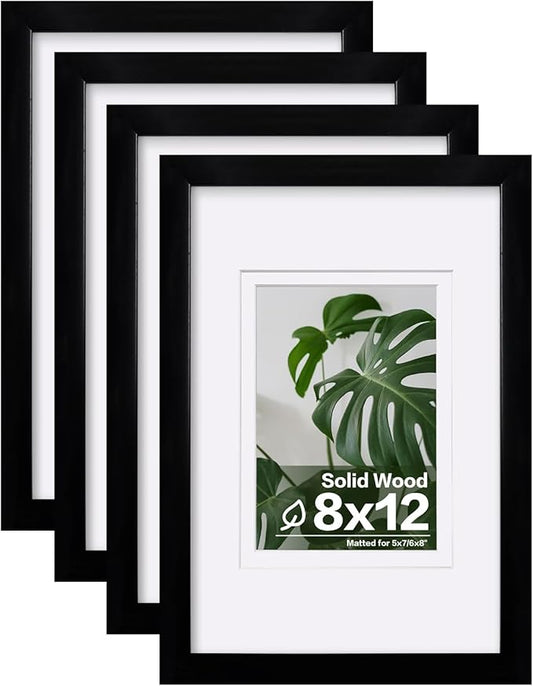 Egofine 8x12 Picture Frames Set of 4, Made of Solid Wood Covered by Plexiglass 5x7 and 6x8 with Mat or 8x12 without Mat, for Table Top Display and Wall Mounting Photo Frame Black