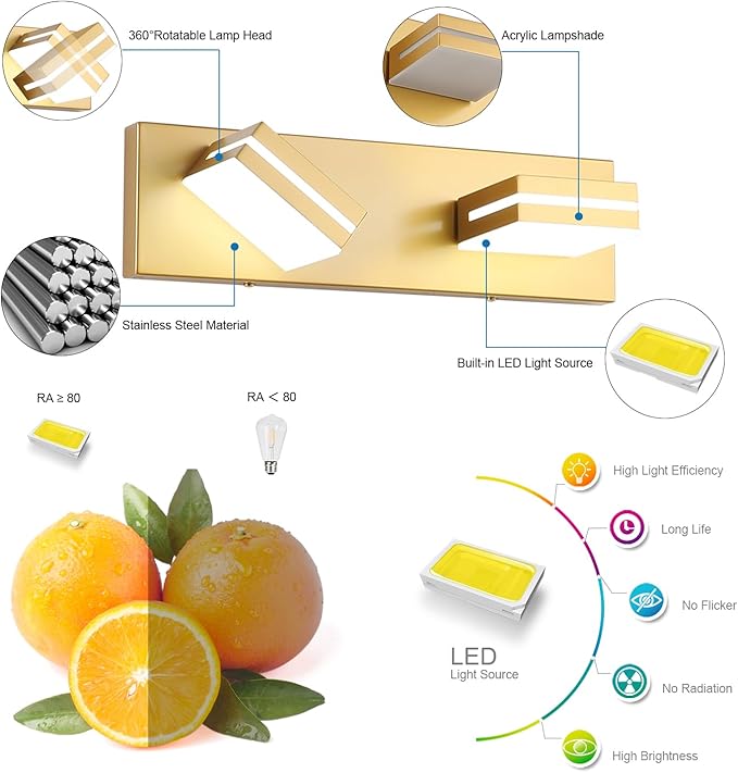 SineRise LED Modern Bathroom Vanity Light Fixtures (2-Light, 15.5-Inch), Matte Gold Modern Acrylic Bathroom Wall Lighting Fixtures Over Mirror (Cool White 6000K)