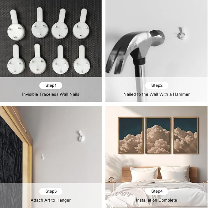 IARTTOP Large Cloud Canvas Wall Art Framed 16x24 Inch Navy Blue Cloud Painting Set of 3 Modern Abstract Sky Landscape Wall Decor For Living Room Bedroom Office