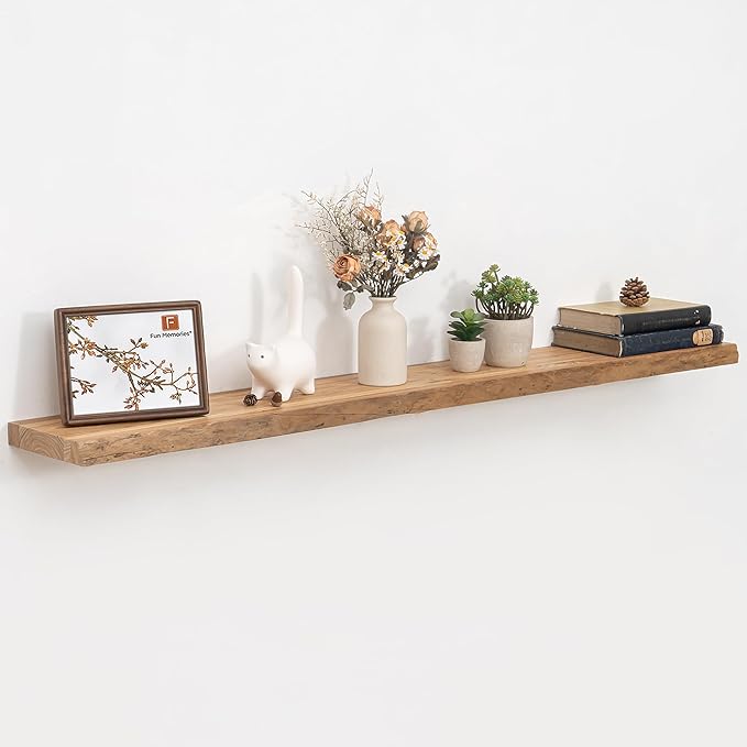 55 Inch Floating Shelves, Rustic Elm Wood Shelves for Wall, Heavy-Duty Long Floating Shelf with Invisible Bracket, Wall Mounted Storage Shelves for Books, Kitchen, Natural Finish