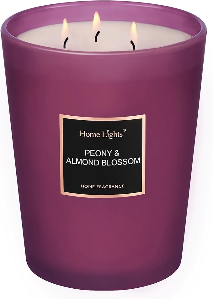 HomeLights Premium Scented Candles - 33.3 oz Natural Soy Wax, Aromatherapy for Home, Long Lasting Smokeless, 130 hrs Burn Time, 3 Cotton Wicks, Gifts for Women & Men - Peony & Almond Blossom