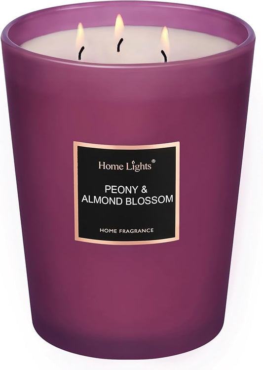 HomeLights Premium Scented Candles - 33.3 oz Natural Soy Wax, Aromatherapy for Home, Long Lasting Smokeless, 130 hrs Burn Time, 3 Cotton Wicks, Gifts for Women & Men - Peony & Almond Blossom