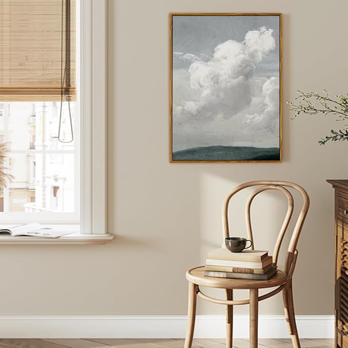 crmotu Vintage Framed Wall Art, Blue Sky White Cloud Canvas Prints, Nature Landscape Aesthetic Decor Pictures, Minimalist Retro Wall Paintings for Living Room Bathroom Bedroom Kitchen Desktop 12x16in