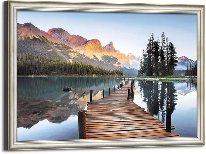 Framed Lake Landscape Wall Art: Mountain Sunset Skyline Painting Boardwalk Water Canvas Artwork for Living Room