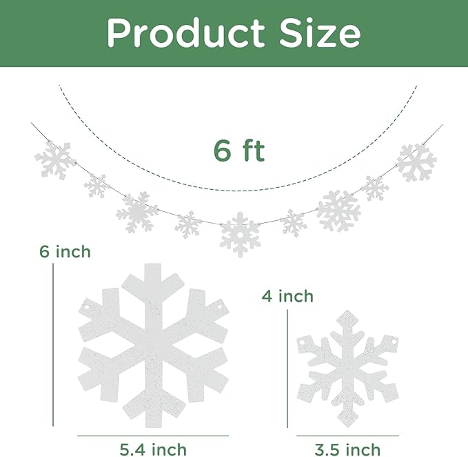Christmas Decorations-Wooden Small & Big Snowflake Banner for Christmas Decor-Winter White Snowflake Garland for Home Office Party Fireplace Mantle Windows Shelf Farmhouse Decor