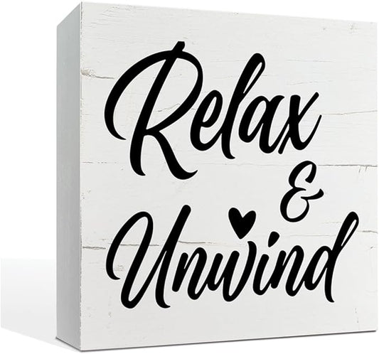 Relax and Unwind Sign, Rustic Wood Sign, Easy Vibe Home Decor, Office Decor, Decorative Wooden Desk Sign, Farmhouse Wood Sign, Bathroom Decor, Home Decor for Shelf, Box Sign Tabletop Decor