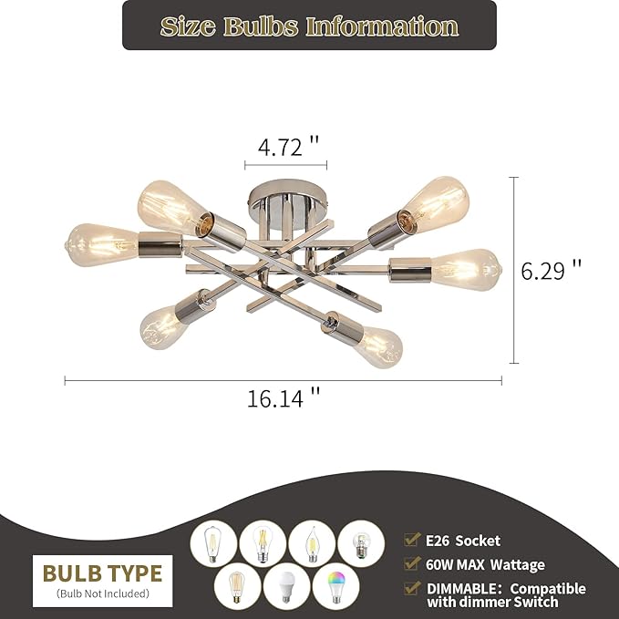 ASGYISA 6-Lights Semi Flush Mount Ceiling Light Fixture Modern Chrome Matte Sputnik Chandelier Farmhouse Ceiling Lighting for Kitchen Bedroom Dining Room Living Room