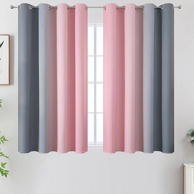 Pink and Grey Blackout Curtains 54 inches Long,Ombre Full Room Darkening Window Curtains for Living Room,Grommet Thermal Insulated Drapes,Light Blocking Curtains for Girls Bedroom,52x54 Inch, 2 Panels