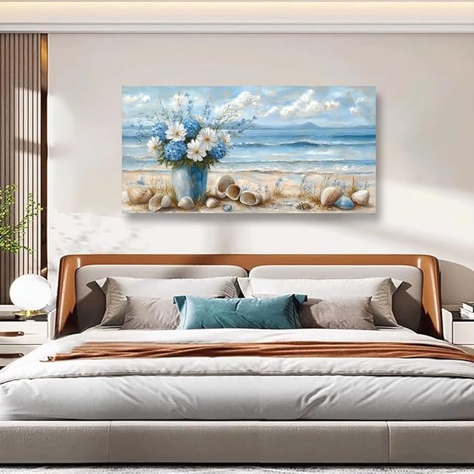 Ocean Waves Vase of Flowers Pictures Canvas Wall Art for Living room Office Bedroom Wall Decor Beach Sea Shell Wall Art Print Paintings Modern Abstract Scenery Artwork Ready to Hang-20x40inch