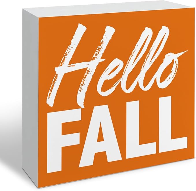Hello Fall Sign, Autumn Decor Art, Small Wooden Box Sign, Rustic Farmhouse Tabletop Decor, Fall Seasonal Decoration for Home Office Cafe Shop Coffee Bars, Decorative Wood Signs A1