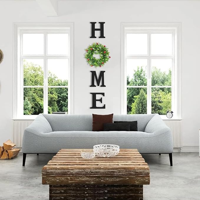 Wooden Home Sign with Artificial Boxwood Wreath for O, Hanging Farmhouse Wall House Decor Wood Letters for Wall Art Rustic Home Decor, Wall Decor for Living Room Kitchen Entryway