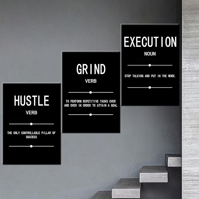 Grind Hustle Execution Noun Motivational Painting Wall Art 3 Pieces Canvas Print Inspirational Office Decor Poster Inspiring Quotes Framed for Wall Art Decoration Ready to Hang [60''Wx 28''H]