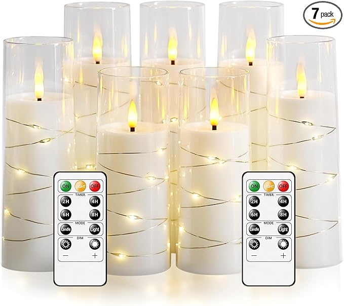 Flameless Candles,with Embedded Star String, Battery Operated Candles Flickering LED Pillar Candles with Remote Control and Timer, Home Decoration Add a Warm and Romantic Atmosphere，Set of 7 (White)