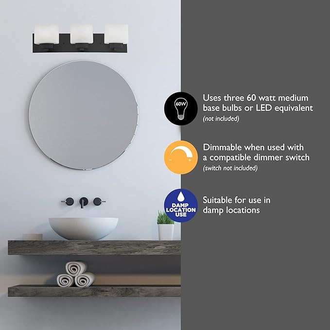 Design House Dove Creek Vanity Light, Dimmable, Frosted Glass, 3 Lights, Bathroom, Matte Black, 24 in x 6 in x 6.5 in, Item 588418