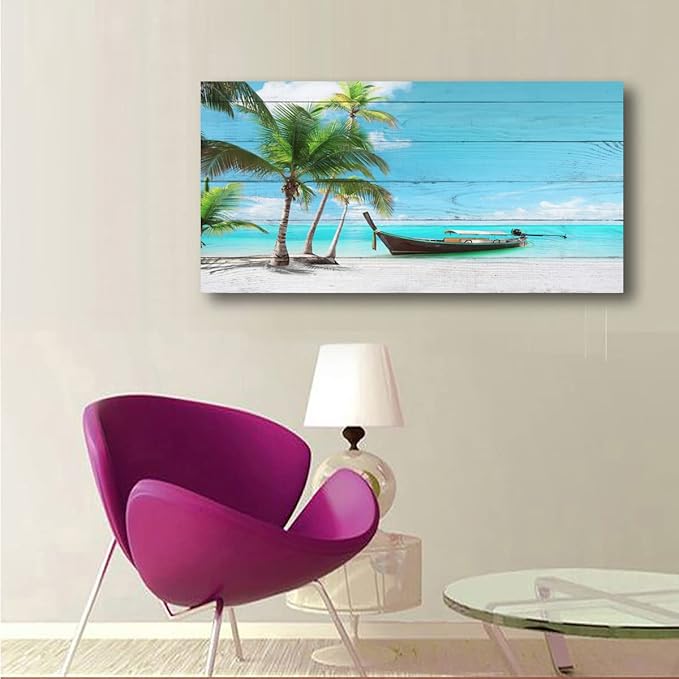 Beach Canvas Wall Art Seascape Pictures Home Decor Ocean Coconut Tree Sunset Poster Prints Paintings for Living Room Bathroom Bedroom Kitchen Office Decorations Natural Landscape Artwork 24x48inches