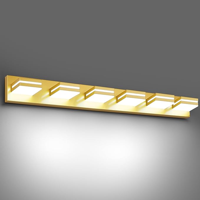 Modern LED Bathroom Lights Fixtures(6-Light),Metal Gold Acrylic Wall Lighting,Vanity Lights for Bathroom Over Mirror(6000k 41In