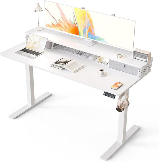 Electric Standing Desk with 2 Drawers 55''x 24'' Adjustable Height Sit to Stand Up Desk with Storage Shelf, C-Clamp Mount Compatible White Home Office Desks Computer Gaming Table Ergonomic Workstation