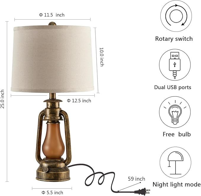 RORIANO 25" Set of 2 Rustic Lantern Table Lamps for Living Room Bedroom, 2 USB Ports Farmhouse Vintage Bedside Desk Lamp Nightlight for Entryway Office End Table, 4 Bulbs Included