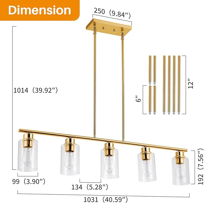 Kitchen Island Light, 5-Light Pendant Lighting, Farmhouse Industrial Dining Room Light Fixtures for Kitchen Island Dining Living Room, Brushed Gold with Clear Glass Shade