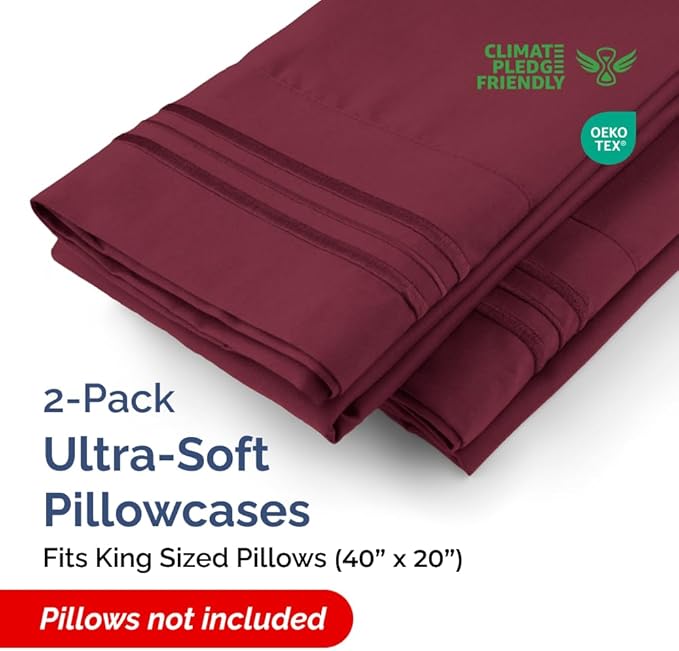 King Pillow Cases Set of 2 - Ultra Soft Hotel Quality Pillowcase Covers - Comfy, Cozy & Wrinkle Free - Shrinkage, Stain and Fade Resistant - Machine Washable Pillow Protectors - 2 Piece Set - Burgundy